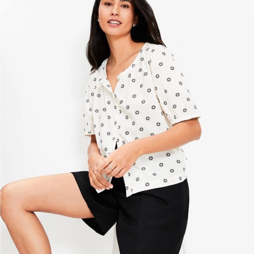 LOFT Boho Peasant Style Dotted Bubble Sleeve Cream Button Front Blouse Small NWT